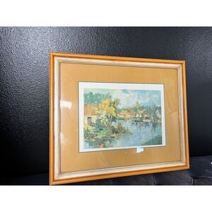 Vintage Jacques Lithograph Still Life Painting Trees Lake Nature 18x22"